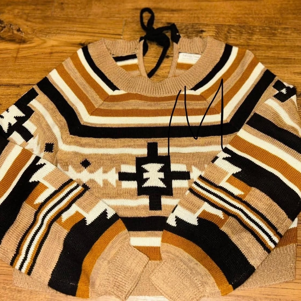 Southwestern Striped Knit Sweater in Camel, Black & Cream